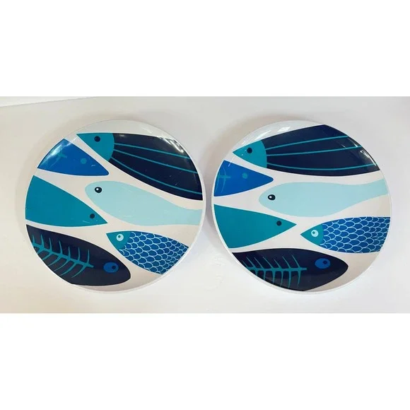 Jonathan Adler Melamine Dinner Plates Set of 2 Blue Teal Fish Graphic 11 Inch