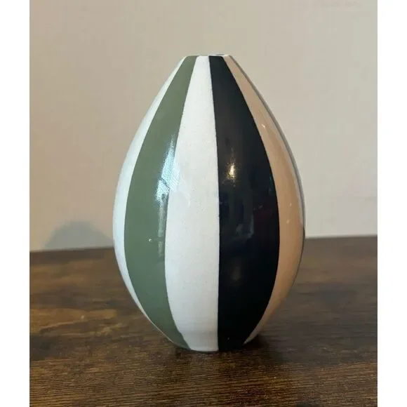 Petite Early Small Vintage Jonathan Adler Black & Green Stripped Vase