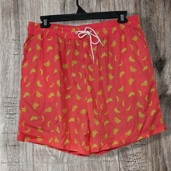 Tropical Banana Print Swim Trunks - Red size 2XL