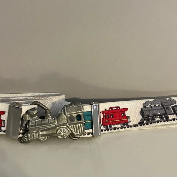 White Train Themed Belt with Silver Buckle 20” and with elastic stretch