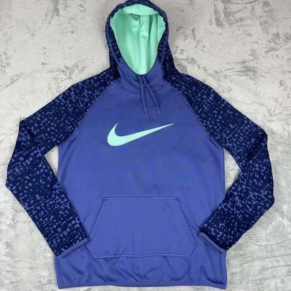 Nike Dri Fit Womens Medium‎ Pullover Hoodie Purple Green Swoosh Kangaroo Pocket