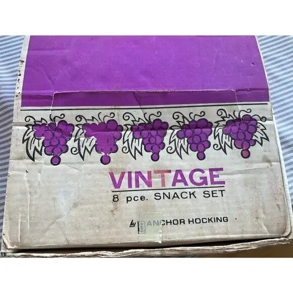 Vintage 1960s era 8 piece glass snack set by Anchor-Hocking, grape pattern party