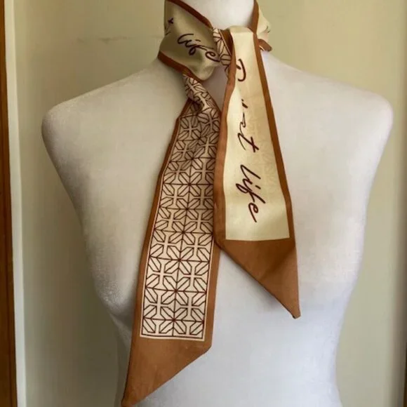 DOMAT LIFE Twilly Skinny Silky Khaki Tan Geo Print Scarf