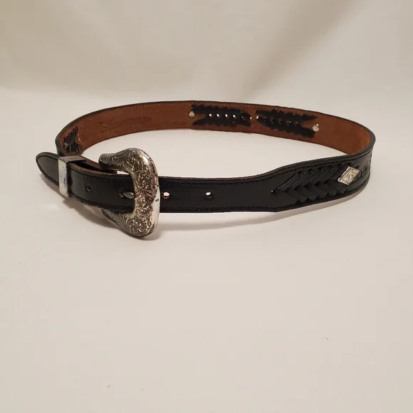 Nocona Western Black Leather Belt Made in USA Woven Embossed Embellishments