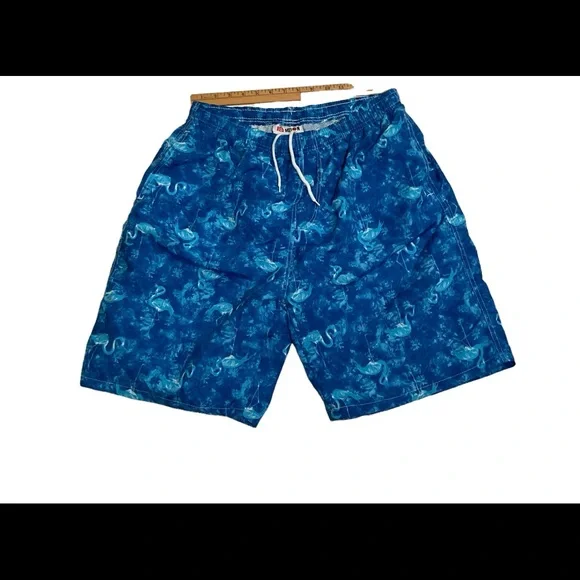 Red Melon Mens XL Mesh Lined Swim Trunks Blue Flamingo Pattern With Pockets