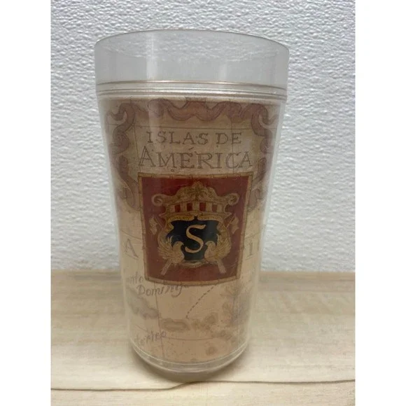 Vintage Thermo Serve Double Wall Plastic Islas De America Map Tumbler Large 20oz