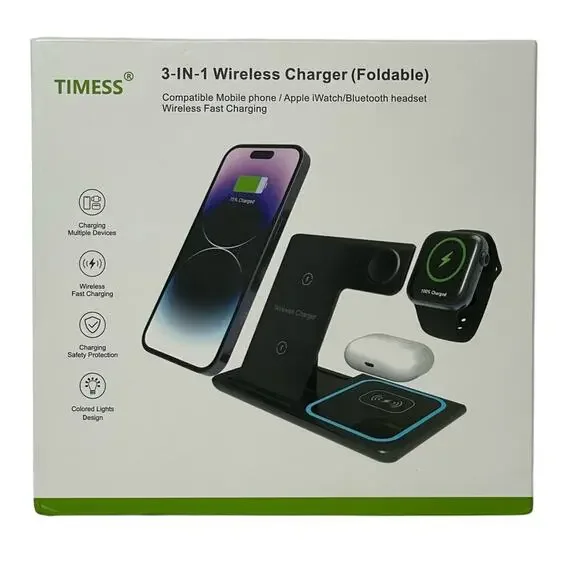 Timess 3-in-1 Wireless Charger Foldable Fast Charging Stand Phone Watch NWT