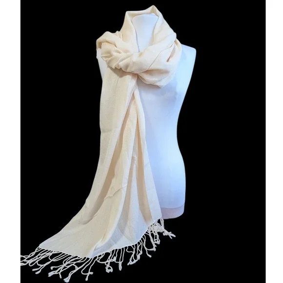 Bloomingdale's‎ Silk & Cashmere Solid Tassled Scarf Wrap Shawl Cream