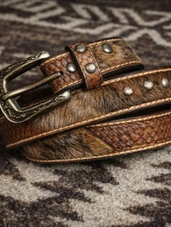 Western Hair On Cowhide Leather Belt Brown Tooled Basketweave- Child