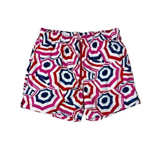 Lands' End Mens XL Volley Swim Trunks Red White Navy Umbrella Print Shorts 6