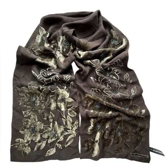 Ellen Tracy Brown Silk Velvet Beaded‎ Floral Embroidered Scarf