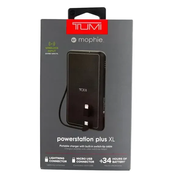 new w/box Tumi powerstation plus XL portable charger w/built in switch tip cable