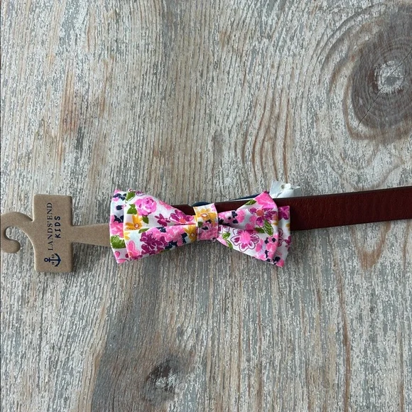 Lands' End Kids Floral Bow Tie Brown Leather Belt - Pink, White, Yellow