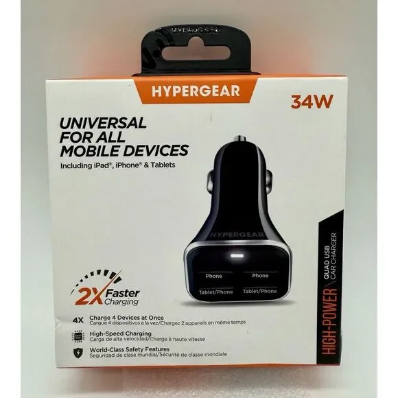 HyperGear‎ High-Power 4-Port USB 6.8A Car Phone Charger Black NEW