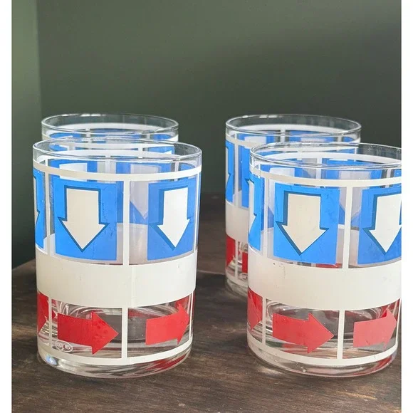Vintage Bar-Trix Arrow Rocks Glasses Set of 4 Red Blue MCM Lowball Tumblers