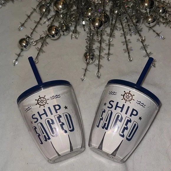 Ship Faced Tumbler Set with Navy Blue Lid and Straw Nautical Boating Theme 2