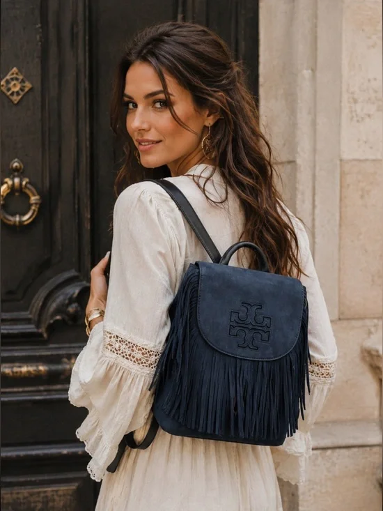 Tory Burch Harper Fringe Suede Backpack in Navy Blue