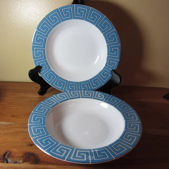 Jonathan Adler silver & blue greek key bowls- pair of 2 (W5105)