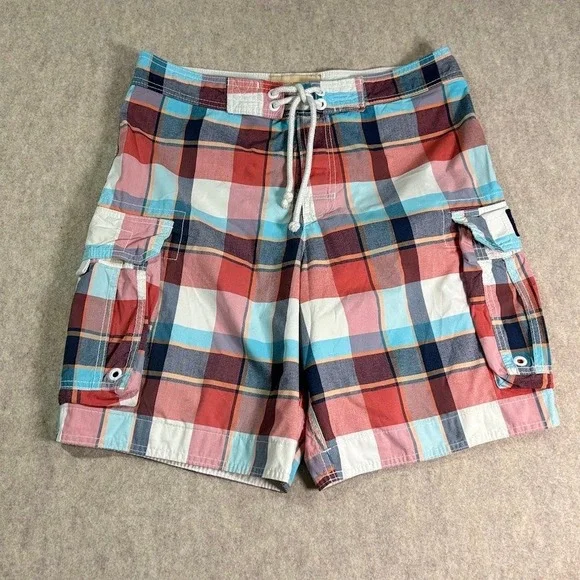 Hollister Board Shorts Mens Medium Multi Plaid Polyester Cargo Swim Trunks Beach