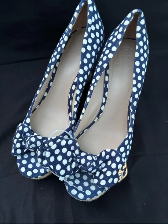 Tory Burch Navy and White Polka Dot Bow Peep-Toe Heels