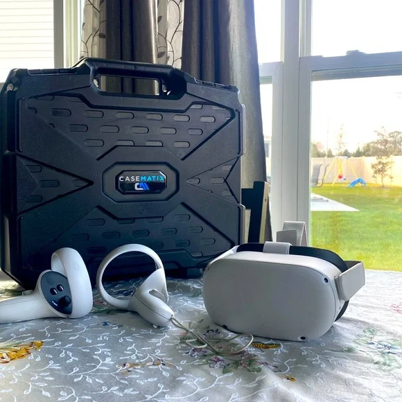 Meta Quest 2 Virtual Reality Headset 64GB, Casematix Hard Travel Case,Link Cable