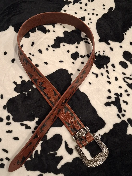 Tooled Brown Leather Belt with Silver Floral Buckle