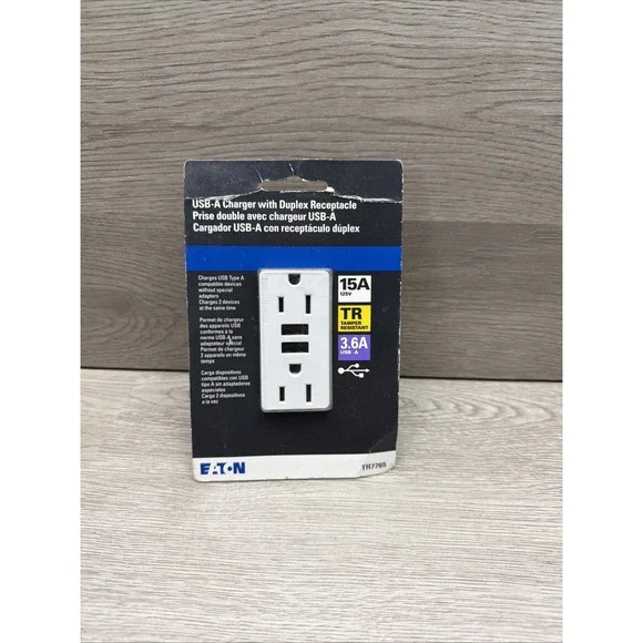 Eaton TR7765 Duplex Receptacle 15A 125V W/ (2) USB-A Charger, White, NEW IN BOX