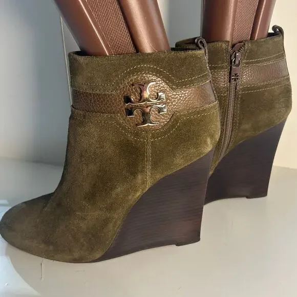 Tory Burch Aaden Wedge Dark Green Suede Ankle Boots Sz 10.5