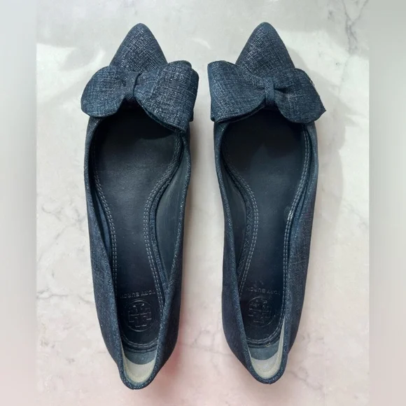 Tory Burch Navy Rosalind Pointed Toe Bow Flats sz 6.5