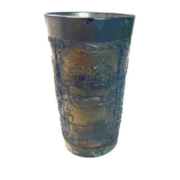 Antique Etched Metal Goblet Cup‎ European Cityscape Scene Collectible Souvenir