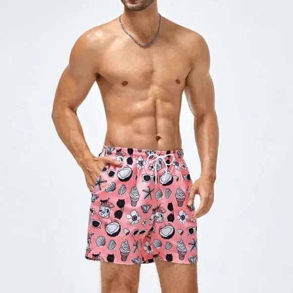 NEW! Men's Random Graphic Print Drawstring Waist Swim Trunks Shorts Beach Surf L