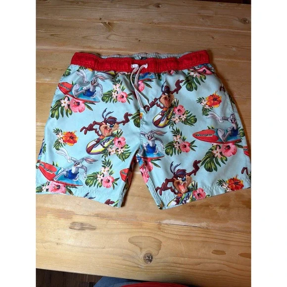 Looney Tunes Mens Bugs‎ Bunny Tasmanian Devil Tropical Swim Trunks Blue Red 36