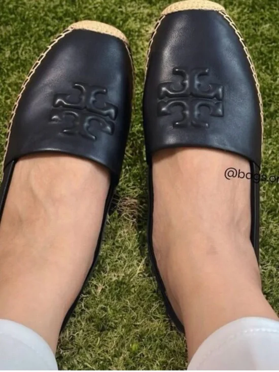 Tory Burch Black Leather Espadrille-Trim Loafer