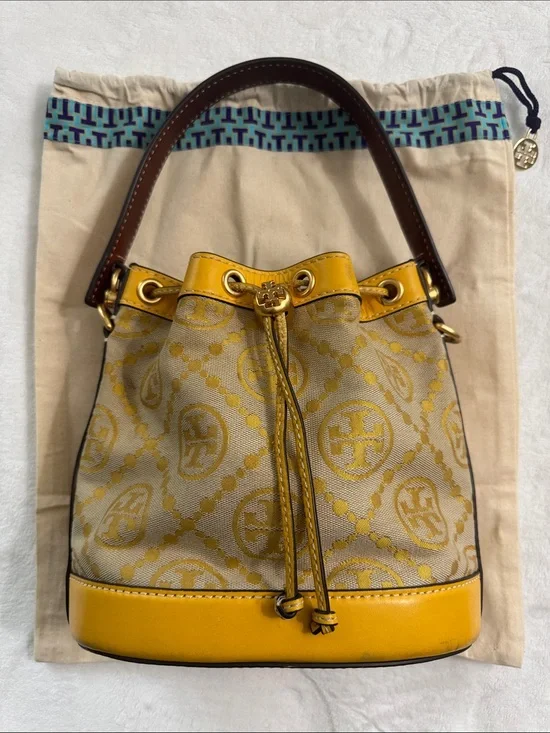 Tory Burch Yellow Logo Jacquard Drawstring Mini Bucket Bag