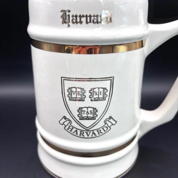 Vintage 1960s‎ Harvard Beer Stein Mug Ceramic Ivory Gold VERITAS