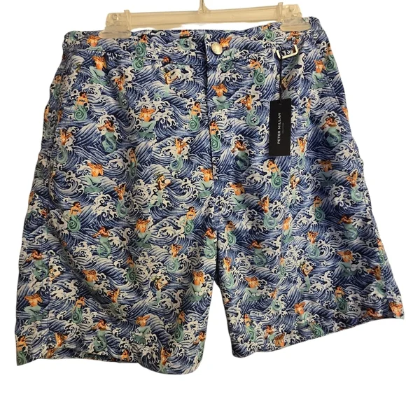 NWT Peter Millar Ocean Wave Mermaid Print Swim Trunks Medium