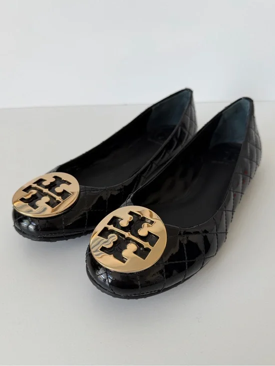 Tory Burch Quilted Patent Leather Quinn Ballet Flats in Black, Size 8.5