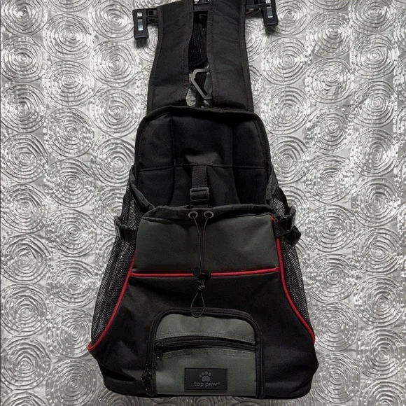 Top Paw Dog Carrier Backpack in Black and Gray with Red Trim