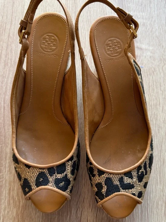 Tory Burch Tan & Black Leopard Wedge Cork Wedge Platform Sling-backs Sz 8