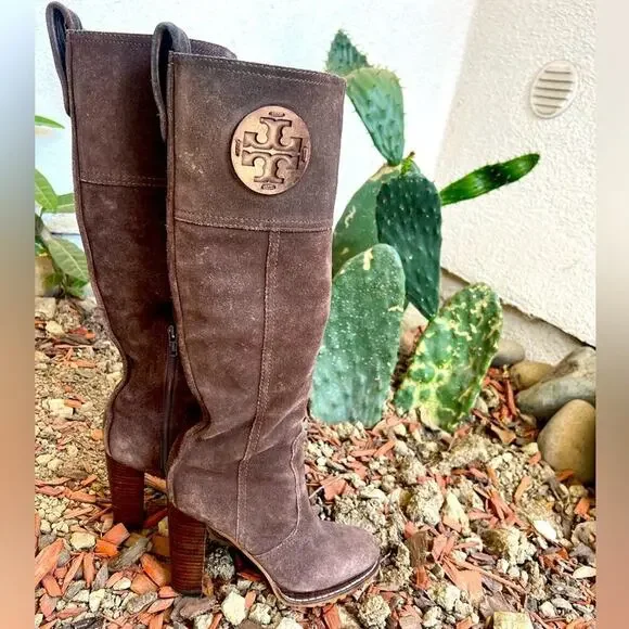 Tory Burch Y2K Brown Suede Leather Claudia Heeled Lug Sole Knee Boots Size 6
