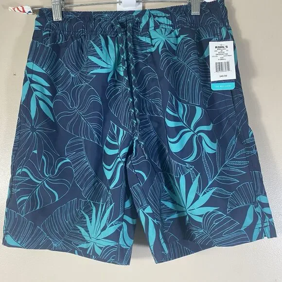 Trinity Coast Swim Trunks Men XS Navy Mint Mesh Lining Side Pockets Floral