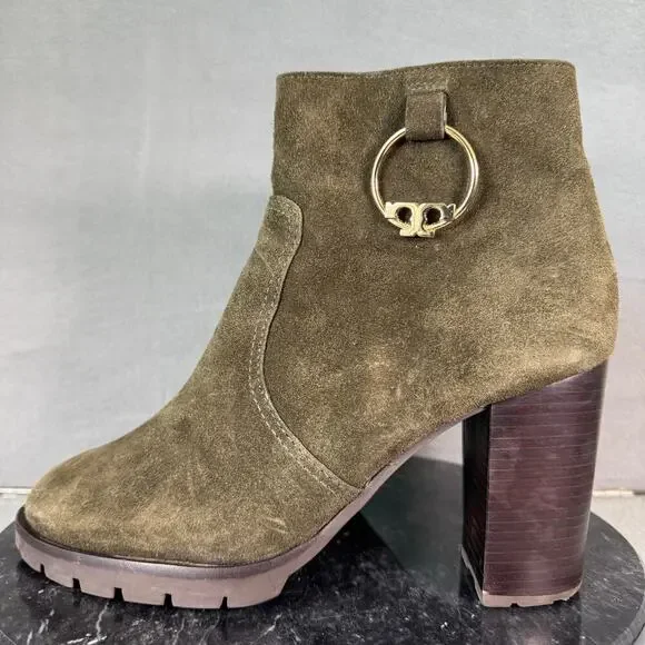 Tory Burch Sofia Lug Sole Ankle Bootie Heel Green Suede Women’s Size 9M US