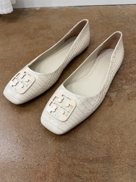 Tory Burch Georgia Square-Toe Croc-Embossed Leather Ballet Flats