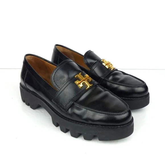Tory Burch Everly Loafers Black Leather Mini Chunky Lug Sole Women 9.5 M Preppy