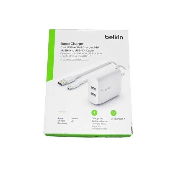 Aa3O Belkin 24W Dual Port USB Wall Charger with USB-A To USB-C‎ Cable White 