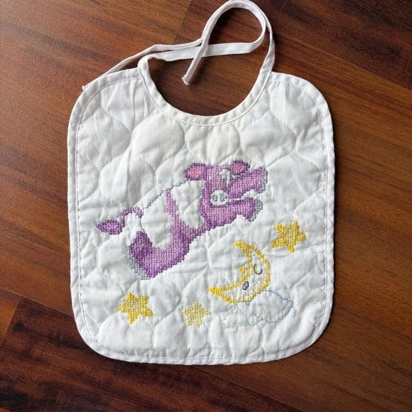 Baby‎ Ware Janlynn Quilted Bib Purple Cow Moon Stars Cross Stitch Tie