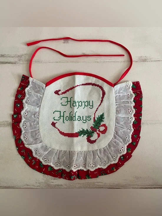 Vintage Cross Stitch Baby Bib Happy Holidays Red Green White Cottagecore Ruffle