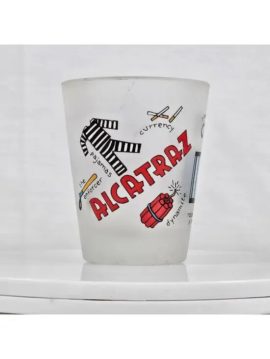 Vintage Alcatraz Frosted Shot Glass Prison Humor Novelty San Francisco Souvenir