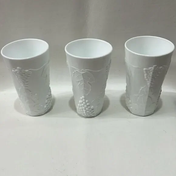 Indiana White Milk Glass Drinking 16 Ounces Glasses Tumblers Raised Grape Leaves