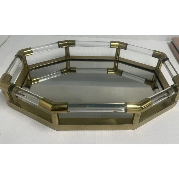 Jacques Style Octagon Big Tray Acrylic Glass Gold Tone Mirror